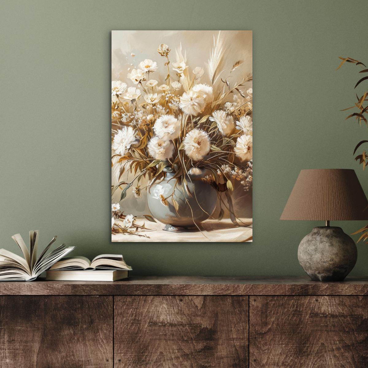 METALLBILD Blumen - Vase - Stilleben - Beige Deko Schlafzimmer 40x60 cm - Creme, Metall (40/60cm) - MuchoWow