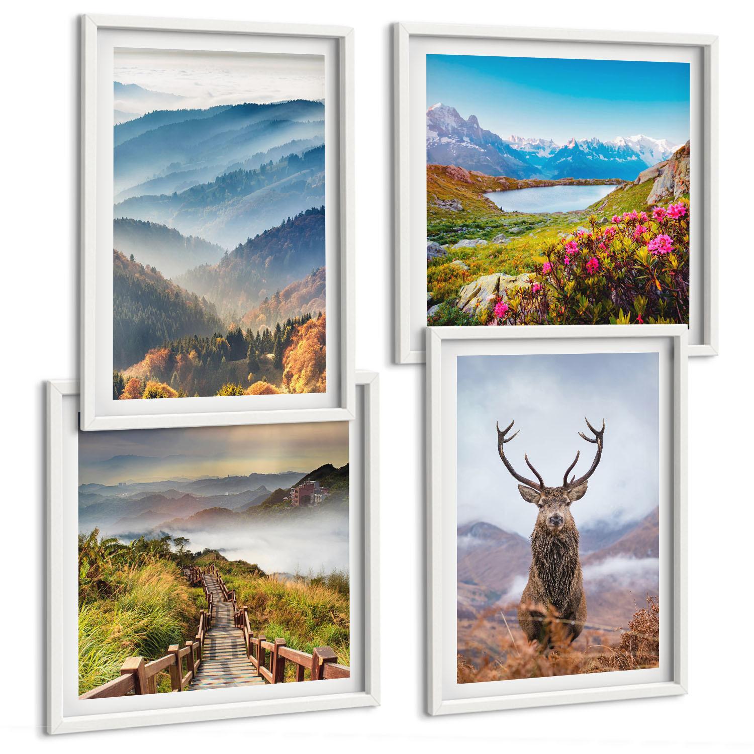 BILDER SET 4er Set - 50x50 cm & 40x60 cm Weißer Rahmen - Berglandschaft, See, Hirsche - Weiß, Kunststoff (50/50cm) - TULUP