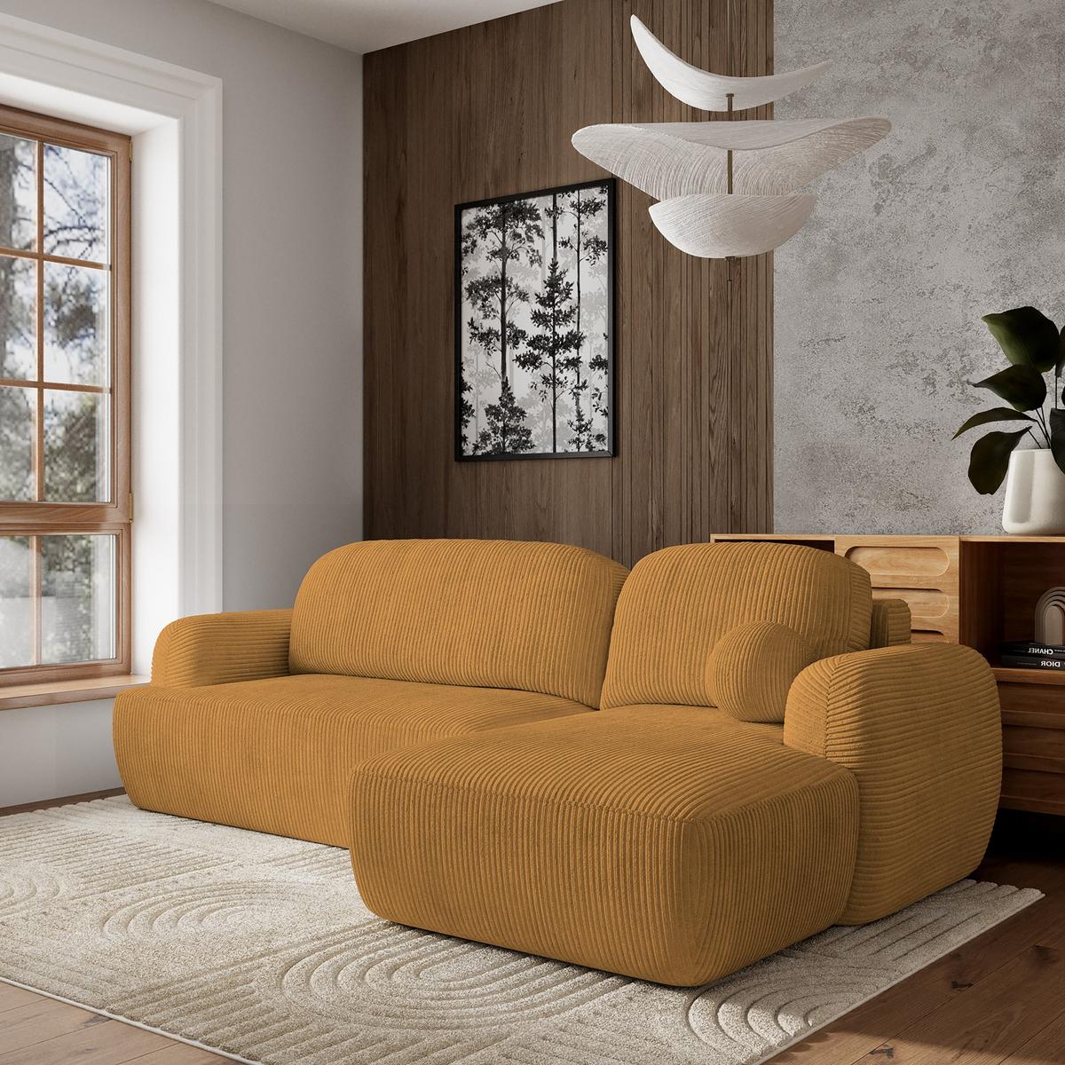 ECKSOFA MODENZA P R-S Gelb Kordstoff mit Schlaffunktion - Gelb/Schwarz, Holz/Kunststoff (266/148cm) - MASSENO