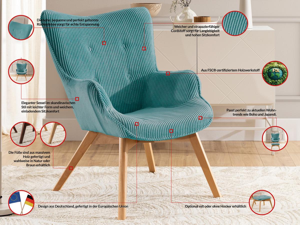 LOUNGESESSEL mit Fußhocker Lenari Türkis Cordstoff mit Füßen in Natur - Türkis/Naturfarben, Holz/Textil (71/96/86cm) - S-Style Möbel