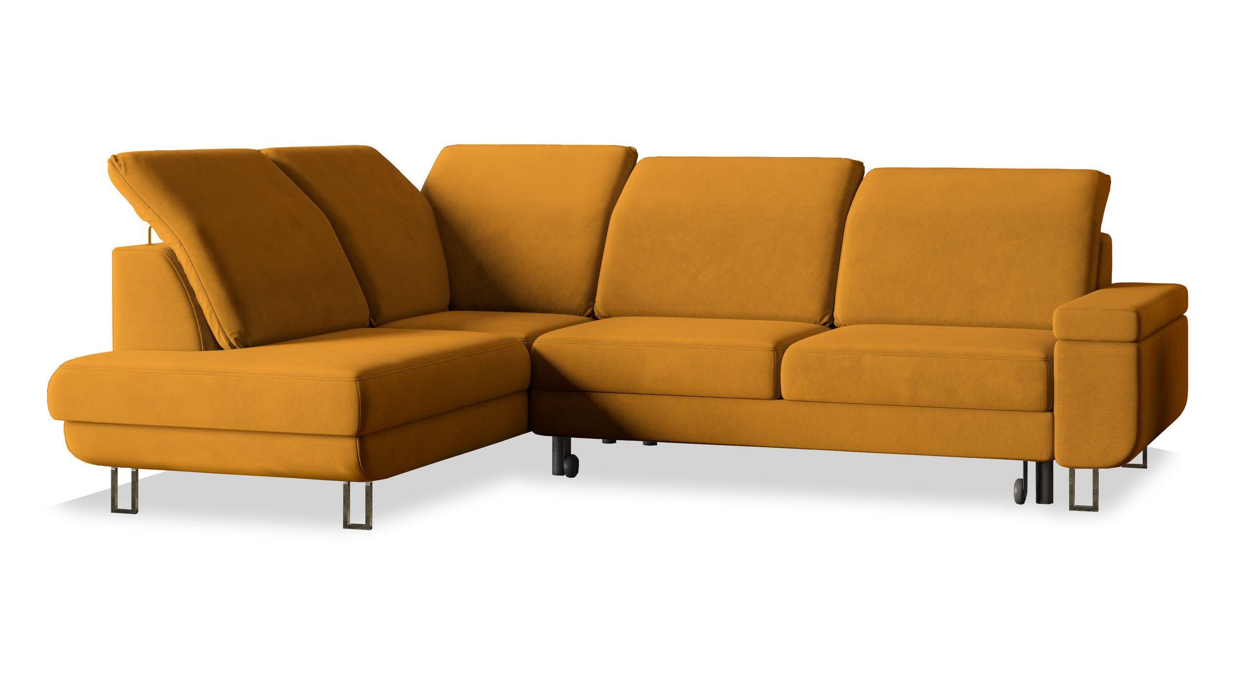 ECKSOFA LERMA R-S Gelb Velours-Stoff mit Schlaffunktion - Gelb/Silberfarben, Holz/Textil (253/190cm) - MASSENO