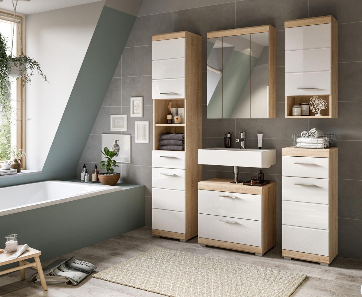 WASCHBECKENUNTERSCHRANK weiß Hochglanz, Eiche 60 cm, Schubkästen mit Vollauszug - Weiß Hochglanz/Eichefarben, Holzwerkstoff/Kunststoff (60/56/37cm) - Inn.Furn