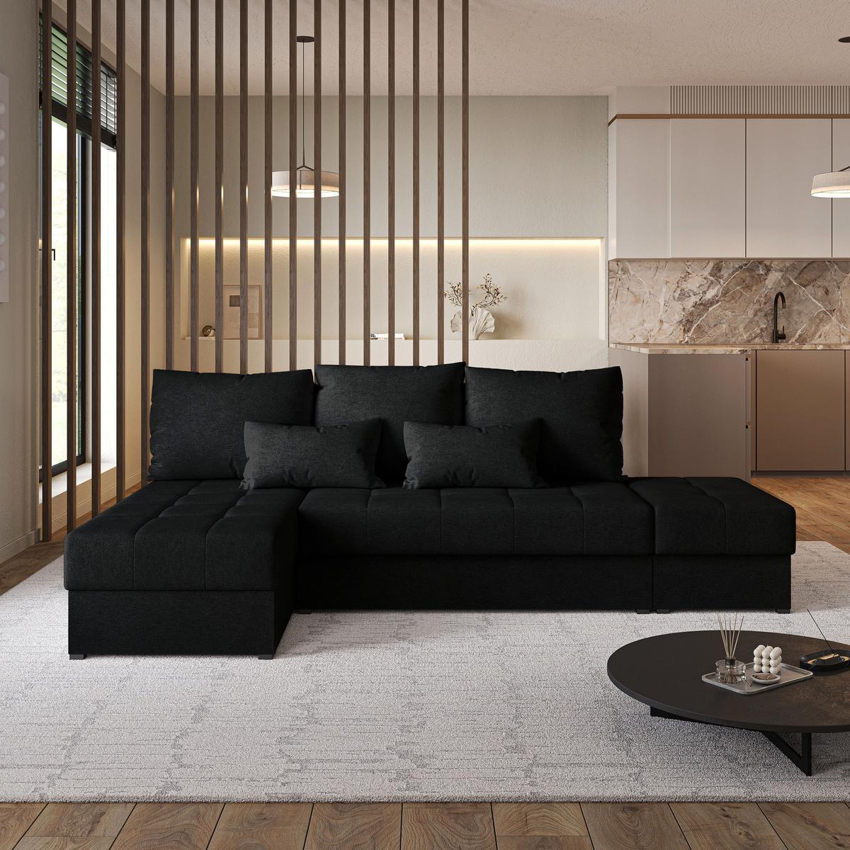 ECKSOFA NORVI Schwarz Geflochtener Stoff mit Schlaffunktion - Schwarz, Holz (251/143cm) - MASSENO