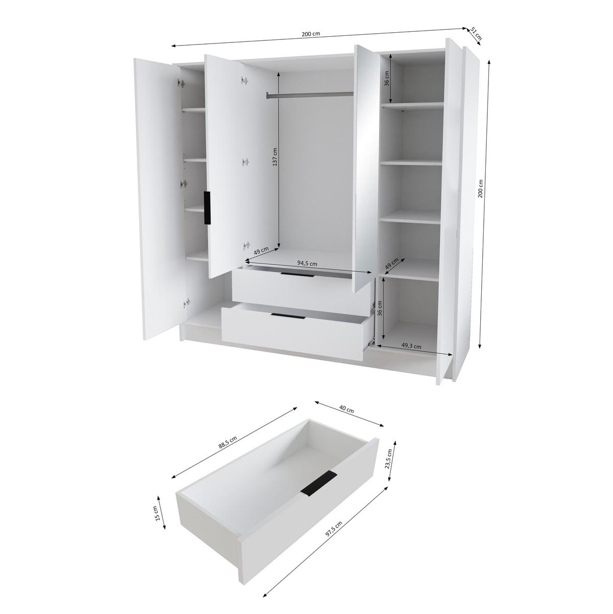 DREHTÜRENSCHRANK CAVA 200/200/51 cm Modern Kleiderschrank 4-türig Eiche Artisan - Weiß/Eiche Artisan, Holzwerkstoff (200/200/51cm) - MASSENO