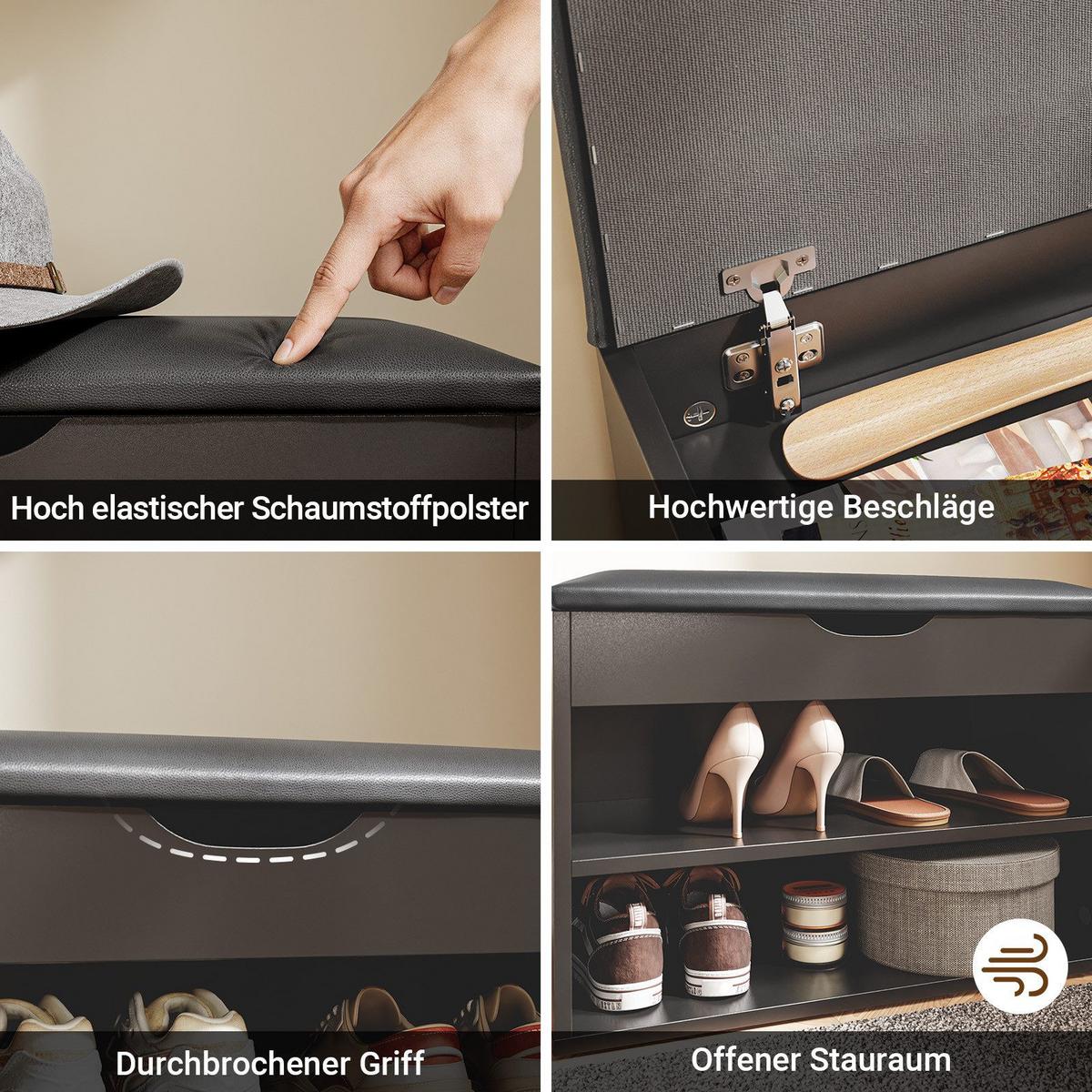 SCHUHBANK mit 2 Ablagen und Sitzkissen Schwarz 60x30x43cm - Schwarz, Holzwerkstoff (30/43/60cm) - SoBuy