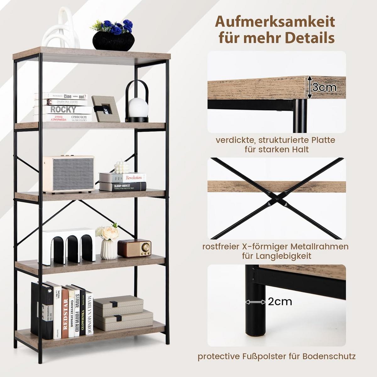 BUCHERREGAL Grau - Grau, Holz (79/160/35cm) - COSTWAY