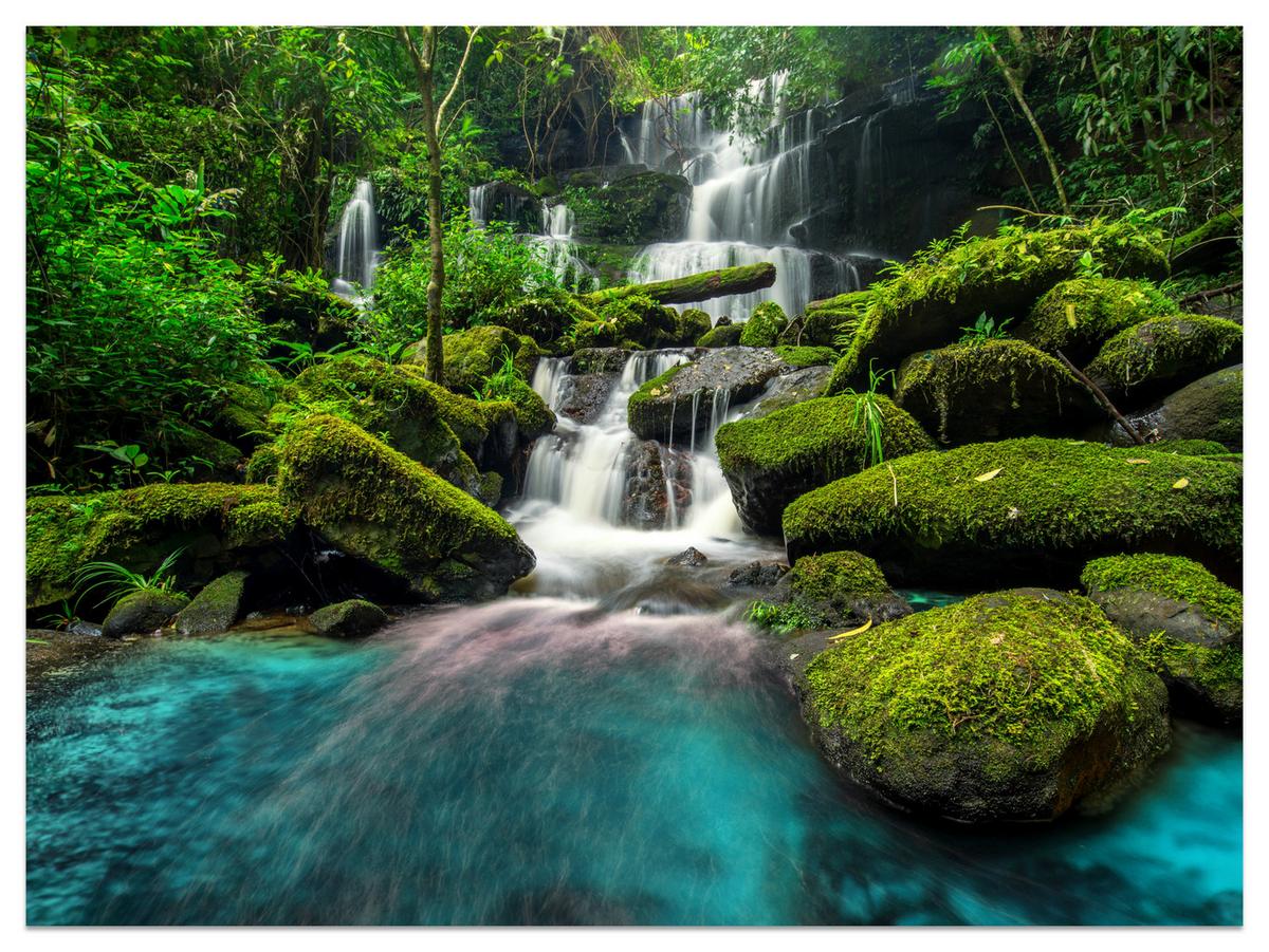 FOTOTAPETE für Küche Wasserfall Dschungel Bäume Steine Tropisch 250x175 - Türkis/Blau, Papier (250/175cm) - Muralo