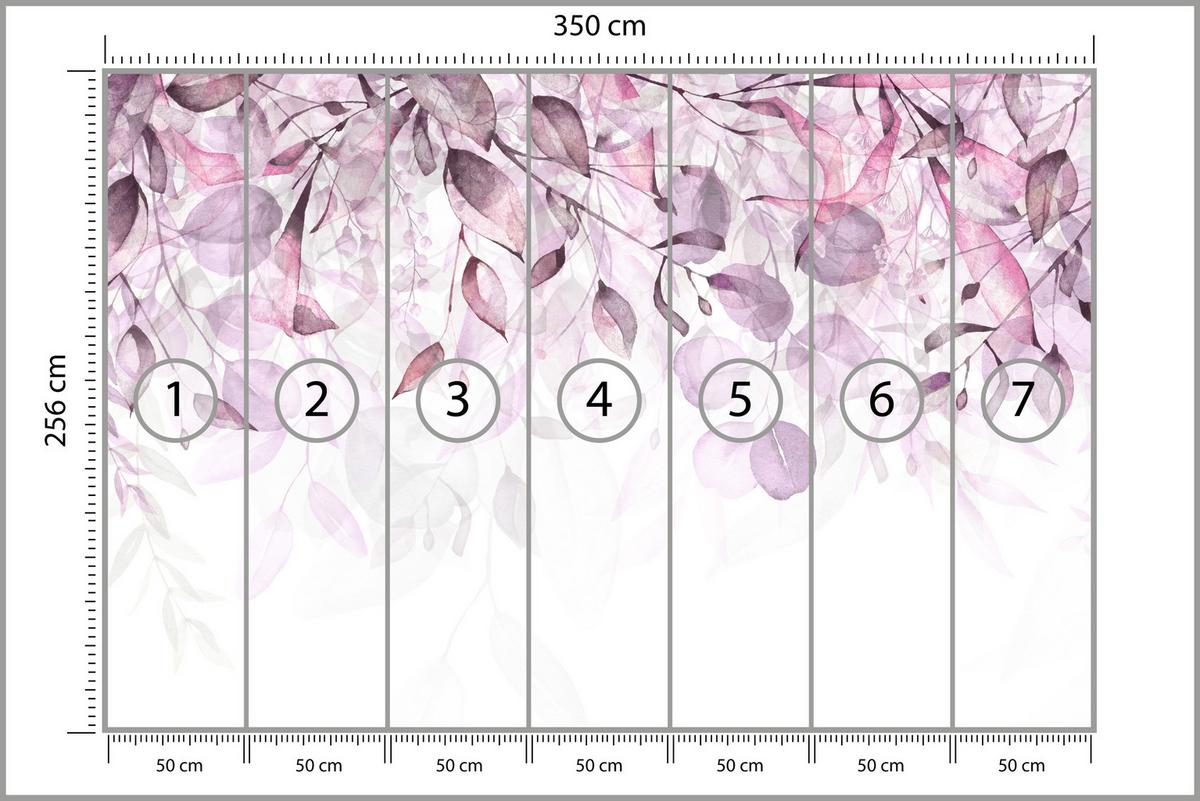 FOTOTAPETE für Schlafzimmer Aquarell Zarte Rosa Blätter Botanisch 350x256 - Violett/Weiß, Papier (350/256cm) - Muralo