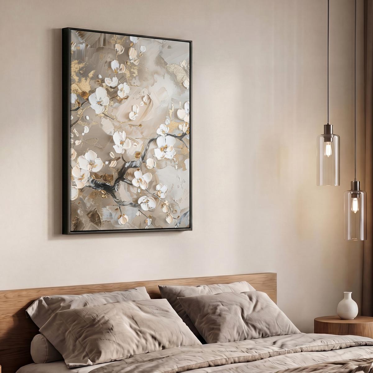 LEINWAND Bilder mit Rahmen - Blumen - Weiß - Gold - Beige - Luxus - 70x100 - Greige, Textil (70/100cm) - MuchoWow