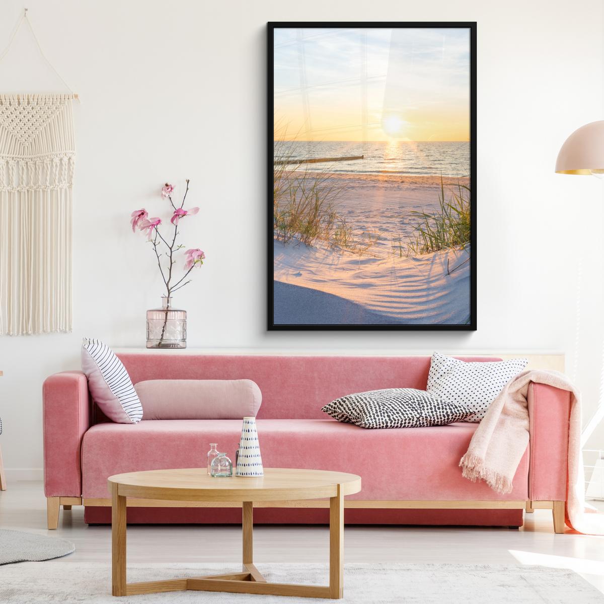 POSTER MIT RAHMEN Strand - Sonne - Düne - Gras - Sand - Horizont Bilderleiste 80x120 cm - Hellblau, Papier (80/120cm) - MuchoWow