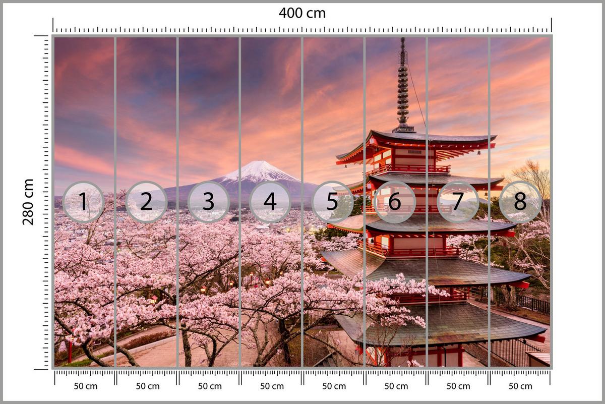 FOTOTAPETE Pagode Berg Fuji Sakura Landschaft 3D 400x280 - Rot/Violett, Papier (400/280cm) - Muralo