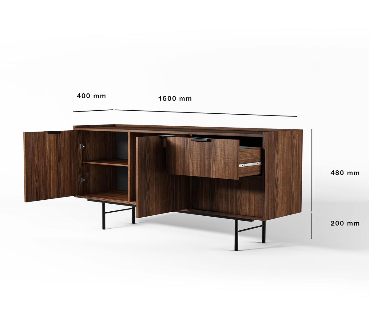 SIDEBOARD Nordiva 2T 2S Warmia Walnut 150/68/40 cm – Metallgestell - Walnussfarben/Schwarz, Holzwerkstoff/Metall (150/68/40cm) - AX Living