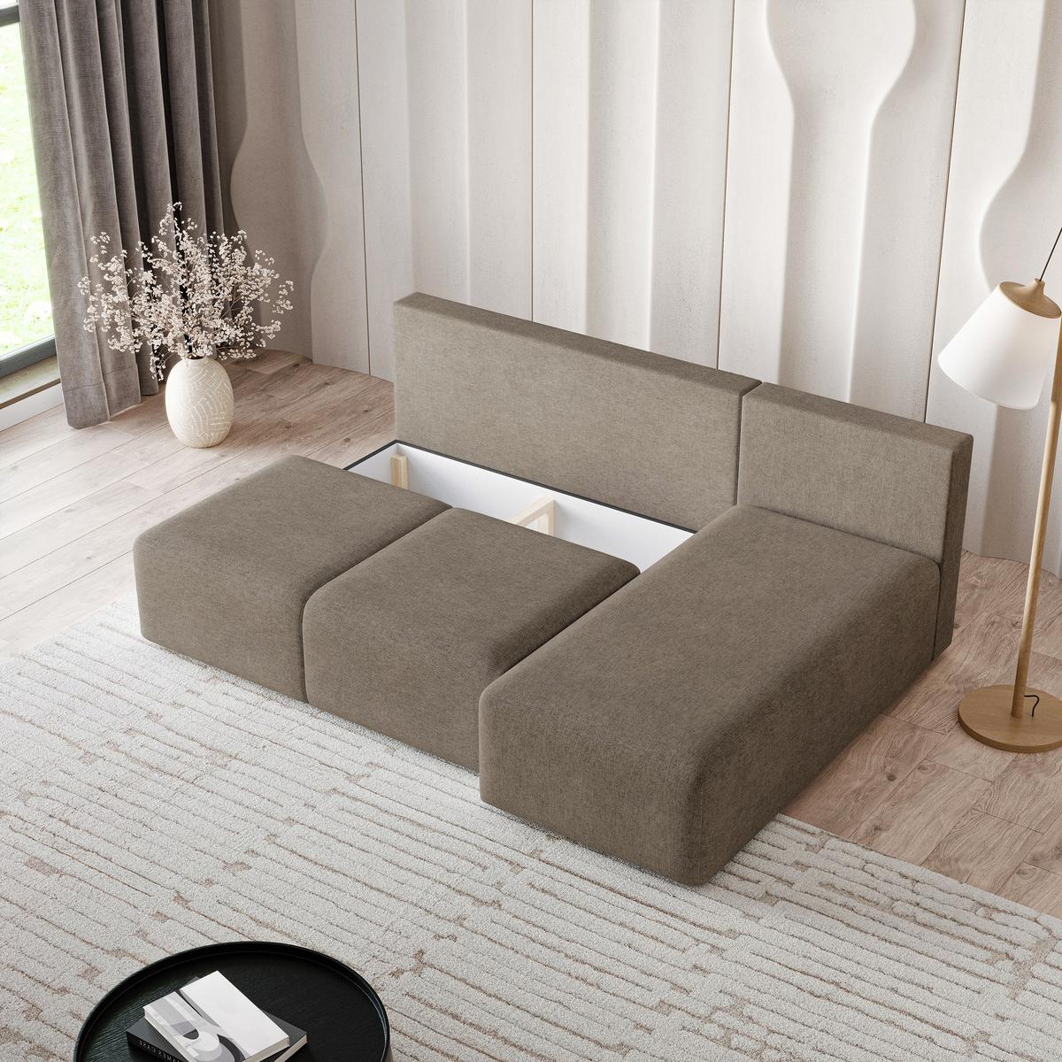ECKSOFA TRAMA Braun Geflochtener Stoff mit Schlaffunktion - Braun, Holz (200/143cm) - MASSENO