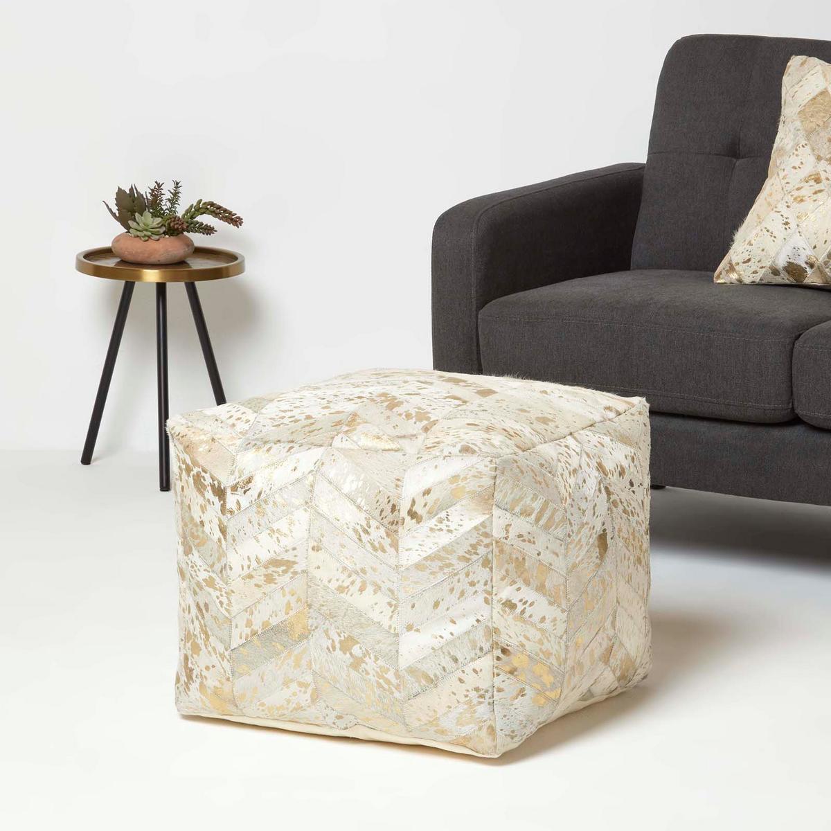 PATCHWORK-SITZPOUF Fell creme-gold, 50/50/40 cm - Grau, Leder (50/40/50cm) - Homescapes