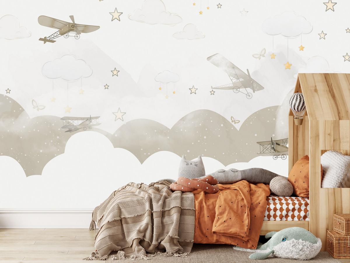 FOTOTAPETE für Kinderzimmer Flugzeuge Wolken Sterne Himmel 150x105 - Gelb/Beige, Papier (150/105cm) - Muralo