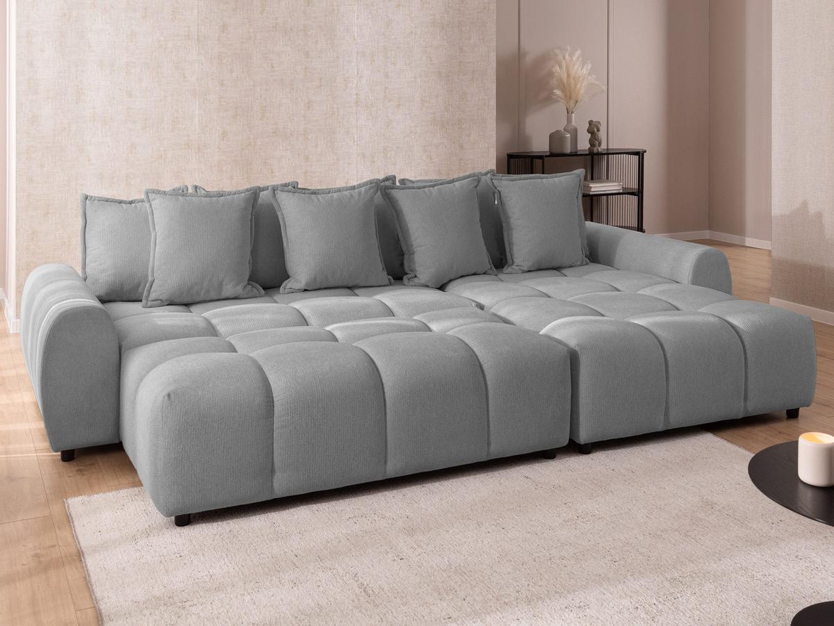 ECKSOFA inkl. Hocker Bubble mit Schlaffunktion und losen Rückenkissen, Sitzfläche Bubble-Optik aus weichem Grau Strukturstoff - Ottomane Rechts - Schwarz/Grau, Holz/Kunststoff (306/180cm) - S-Style