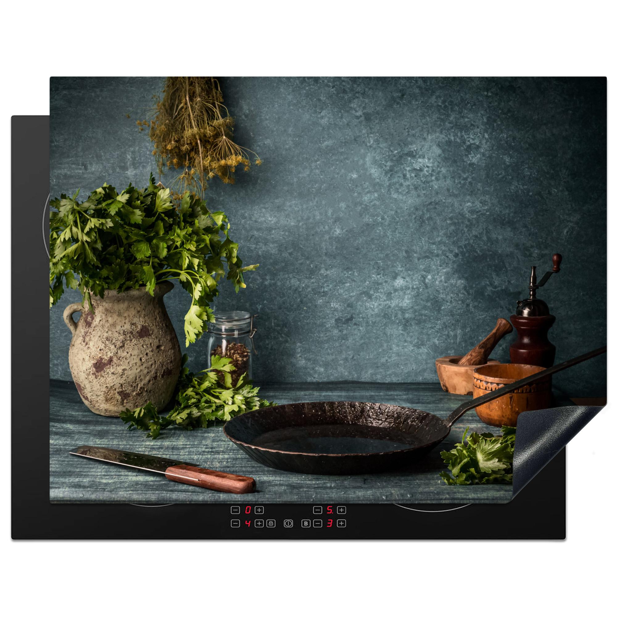 HERDABDECKPLATTE Kräuter - Gewürze - Pfanne - Messer - Grau - Rustikal Induktionsmatte 77x59 cm - Petrol, Kunststoff (77/59/0.2cm) - MuchoWow