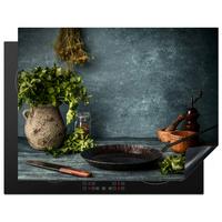HERDABDECKPLATTE Kräuter - Gewürze - Pfanne - Messer - Grau - Rustikal Induktionsmatte 77x59 cm - Petrol, Kunststoff (77/59/0.2cm) - MuchoWow