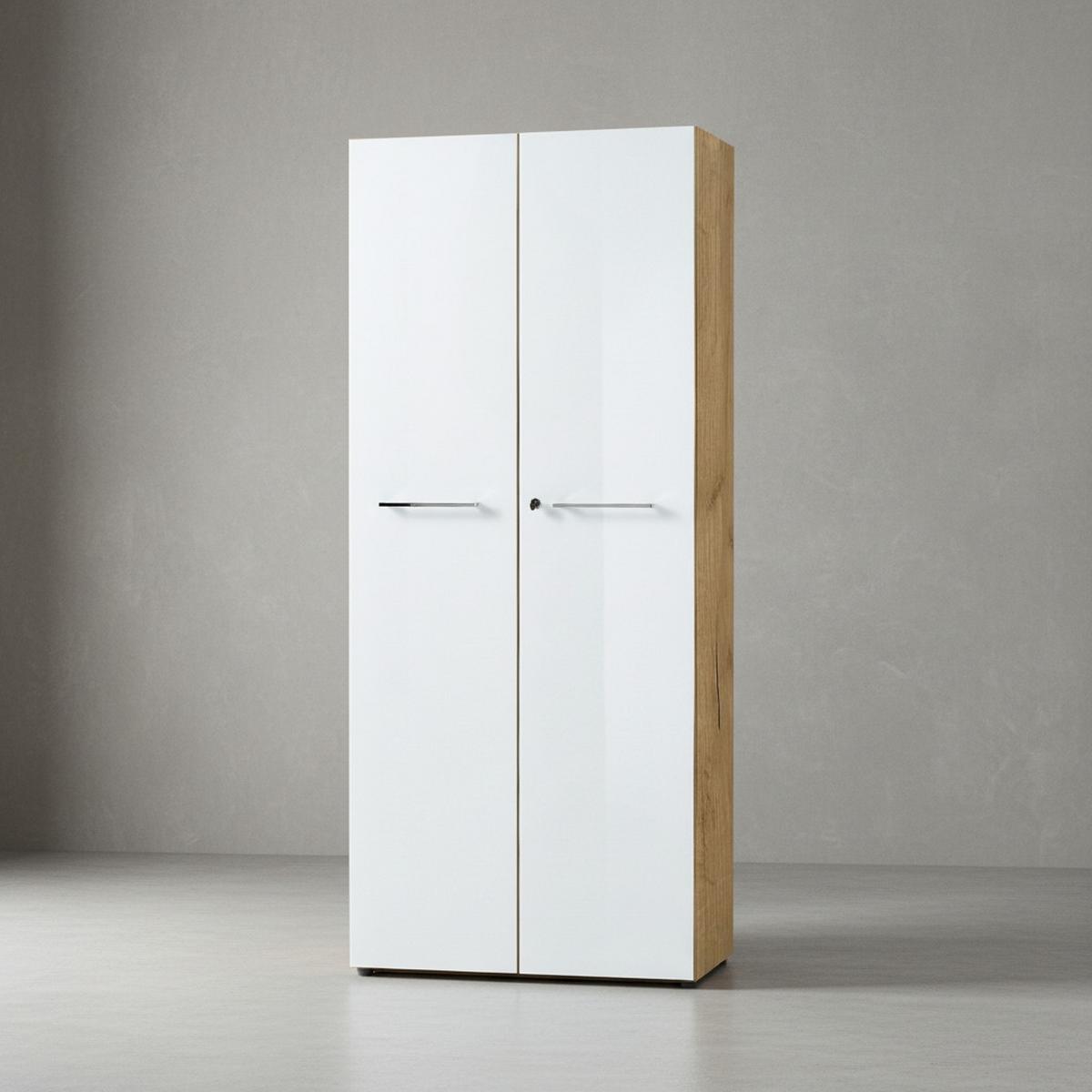 BÜRO-SET MUENCHEN 2-teilig | Schrank & Regal 5 OH | Glas Front & Abschließbar | Chalet-Eiche-Nb./Weiß - Weiß/Braun, Holzwerkstoff/Metall (145/196/37cm) - KADIMA DESIGN