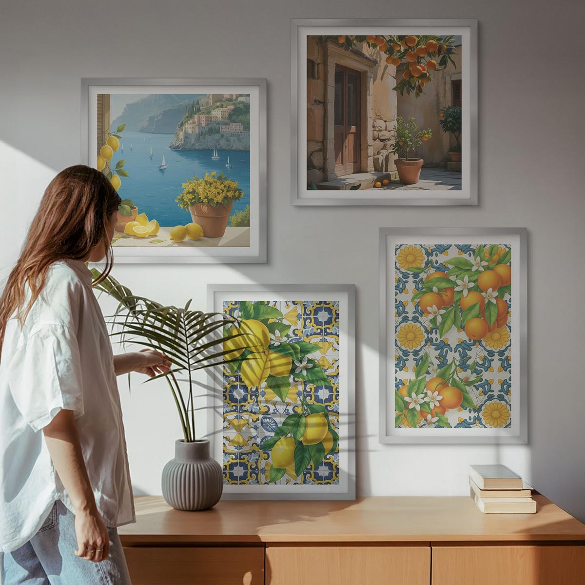 BILDER SET 4er Set - 50x50 cm & 40x60 cm Silberner Rahmen - Zitronen, Blumen, Orangen, Italien - Silberfarben, Kunststoff (50/50cm) - TULUP