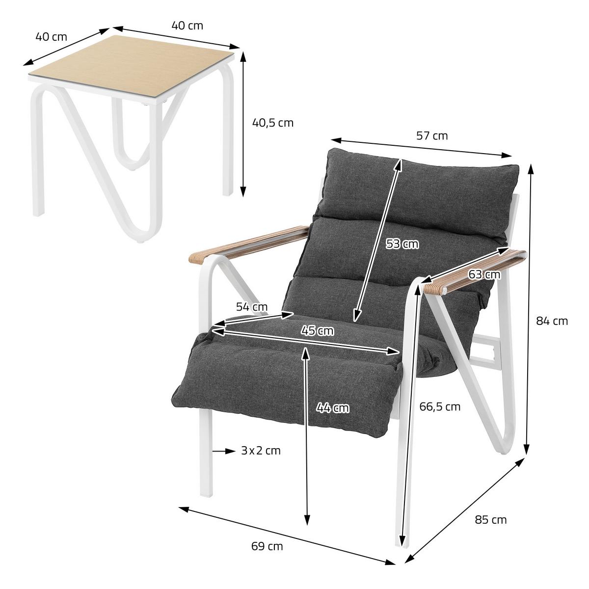 GARTENMÖBEL Set 3 tlg Weiß-Grau mit Stahlgestell - Anthrazit/Weiß, Textil/Metall - ML-DESIGN
