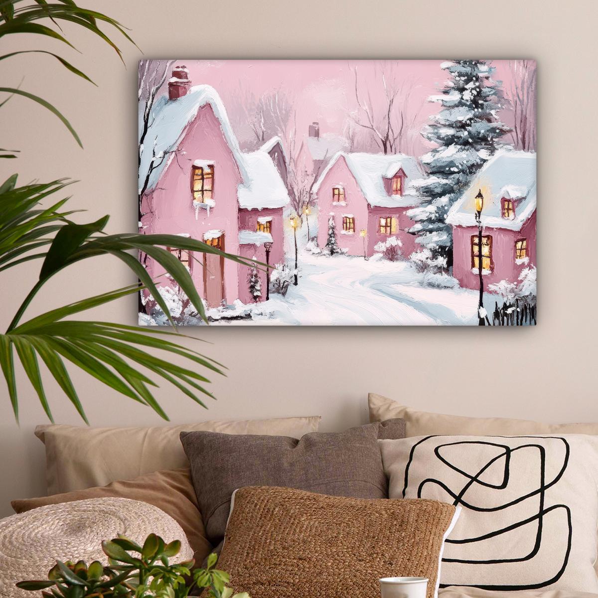 LEINWANDBILD Weihnachtsdorf - Rosa - Winter - Schnee - Häuser Gemälde 60x40 cm - Altrosa, Textil (60/40cm) - MuchoWow