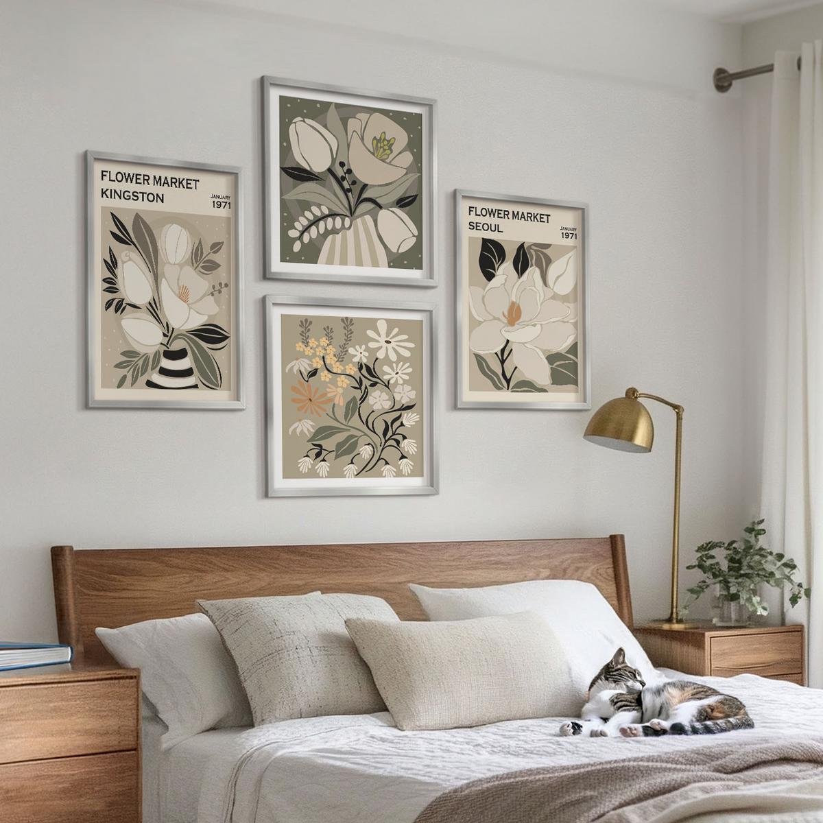 BILDER SET 4er Set - 50x50 cm & 40x60 cm Silberner Rahmen - Kingston Seoul Retro-Blumen - Silberfarben, Kunststoff (50/50cm) - TULUP