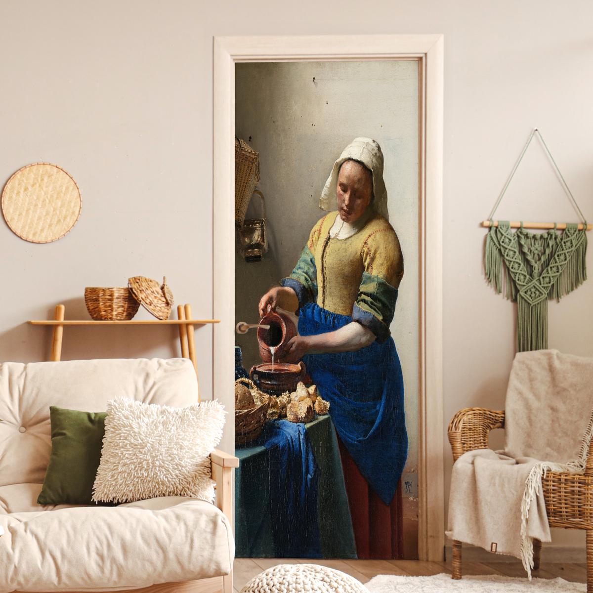 TÜRAUFKLEBER Das Milchmädchen - Johannes Vermeer 90x235 cm - Türtapete - Dunkelblau, Kunststoff (90/0.1cm) - MuchoWow