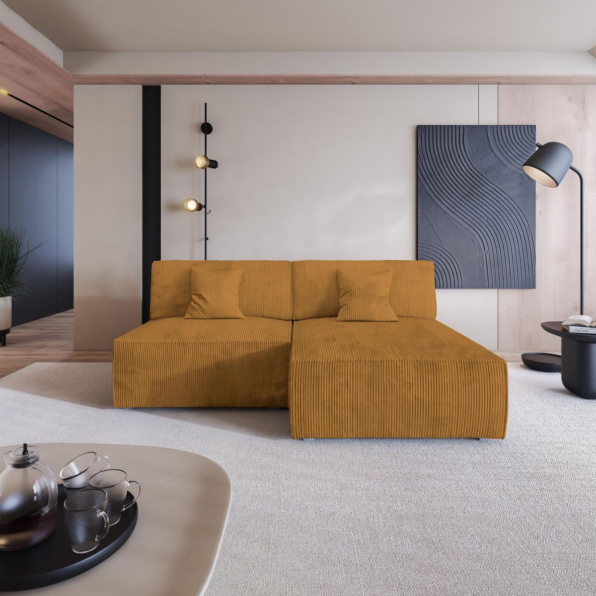ECKSOFA FIORO P Gelb Kordstoff mit Schlaffunktion - Gelb/Grau, Holz/Kunststoff (204/148cm) - MASSENO