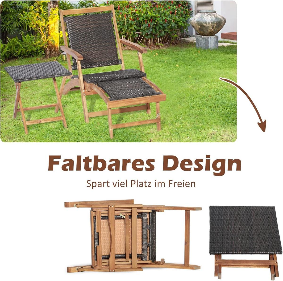 SONNENLIEGE mit Fußstütze+Beistelltisch Braun - Braun, Naturmaterialen (135/81/61cm) - COSTWAY