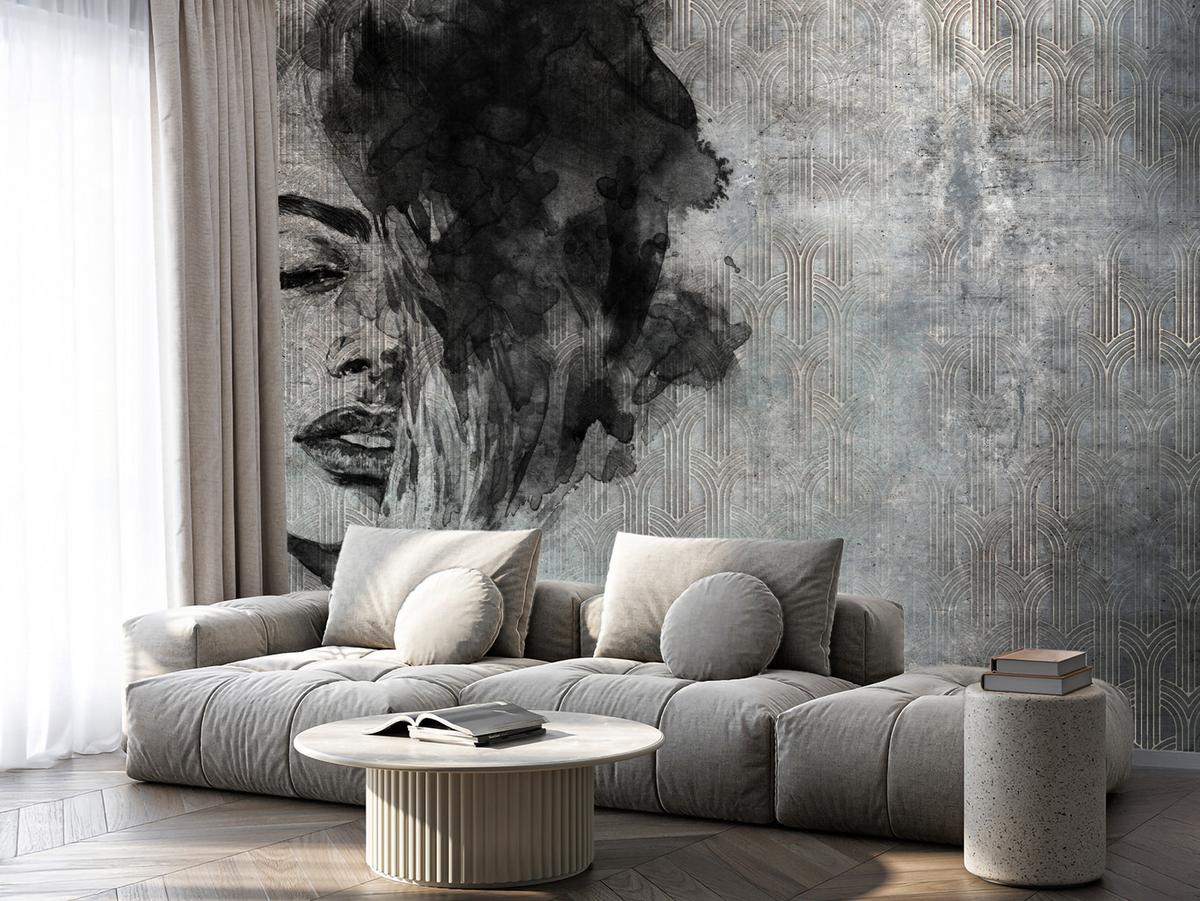 FOTOTAPETE für Wohnzimmer Abstrakte Frau Porträt Beton Ornament 100x70 - Grau, Papier (100/70cm) - Muralo