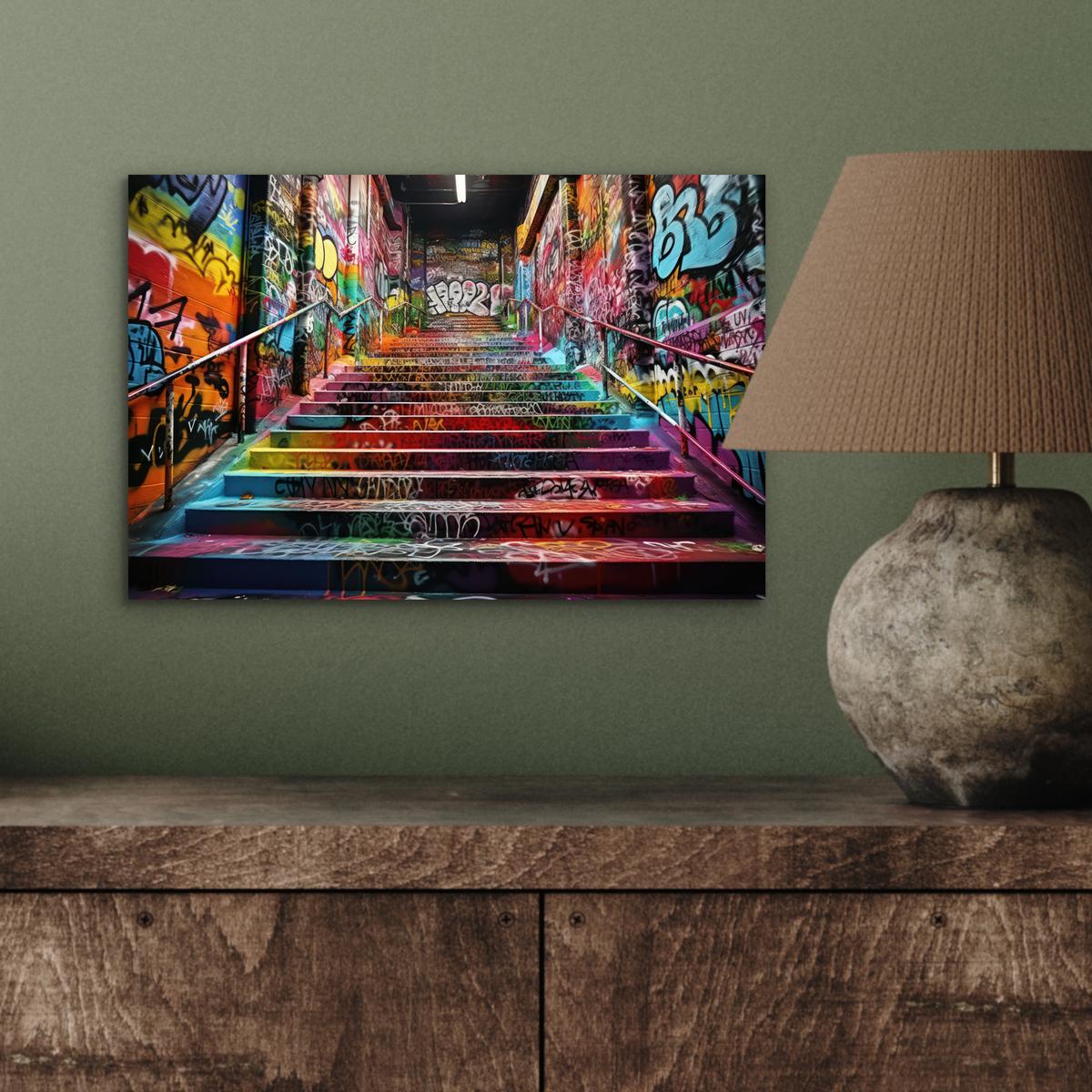 METALLBILD Treppe - Graffiti - Farben - Kunst 30x20 cm - Multicolor, Metall (30/20cm) - MuchoWow