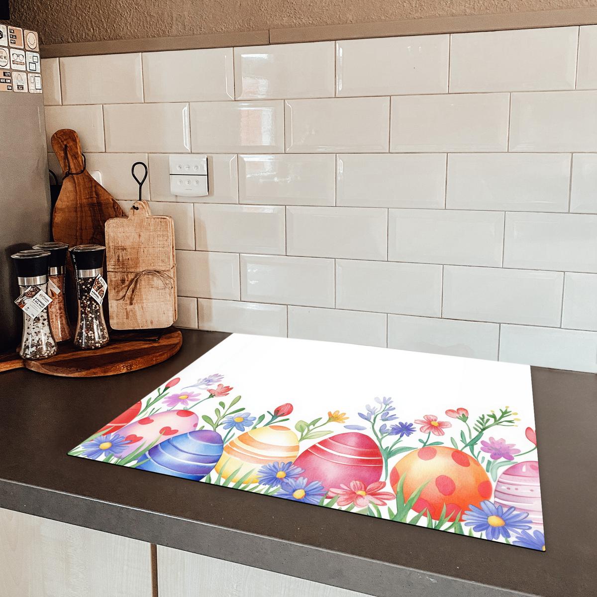 HERDABDECKPLATTE Blumengarten - Bunt - Eier Herdabdeckung Induktionsfeld 65x52 cm - Weiß, Kunststoff (65/52/0.2cm) - MuchoWow