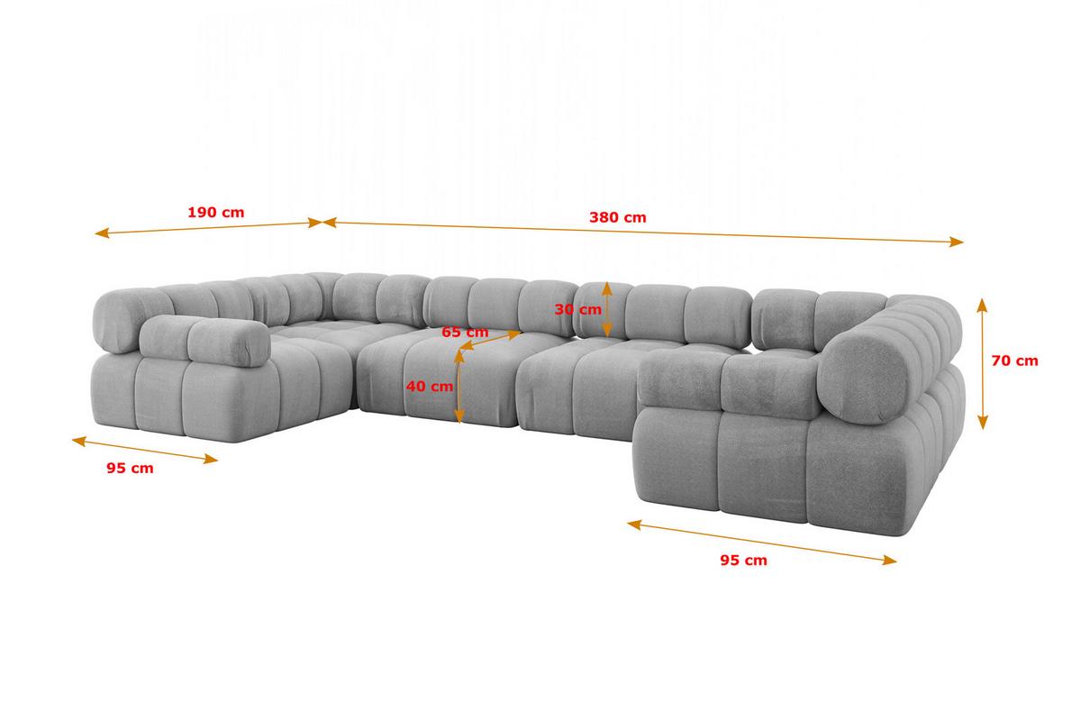 WOHNLANDSCHAFT modulares Sofa Birno-U2 - 380x190x70 cm Hellgrau Velours - Hellgrau, Holzwerkstoff/Textil (380/70/190cm) - ALTDECOR