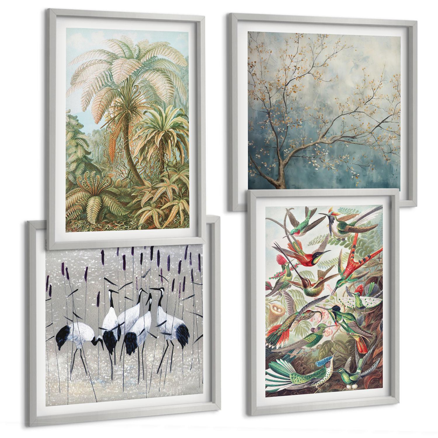 BILDER SET 4er Set - 50x50 cm & 40x60 cm Silberner Rahmen - Tropische Pflanzen, Vögel, Natur - Silberfarben, Kunststoff (50/50cm) - TULUP