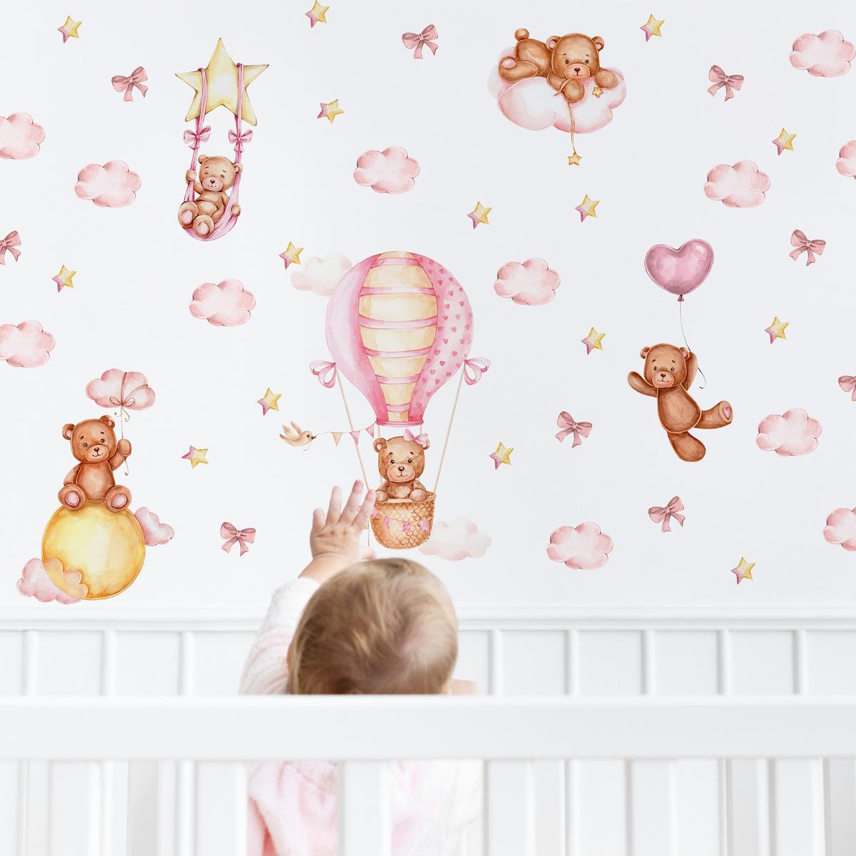 WANDSTICKER Teddybären rosa Wolken Sterne Ballons 120x60 - Gelb/Beige, Papier (120/60/1cm) - Muralo