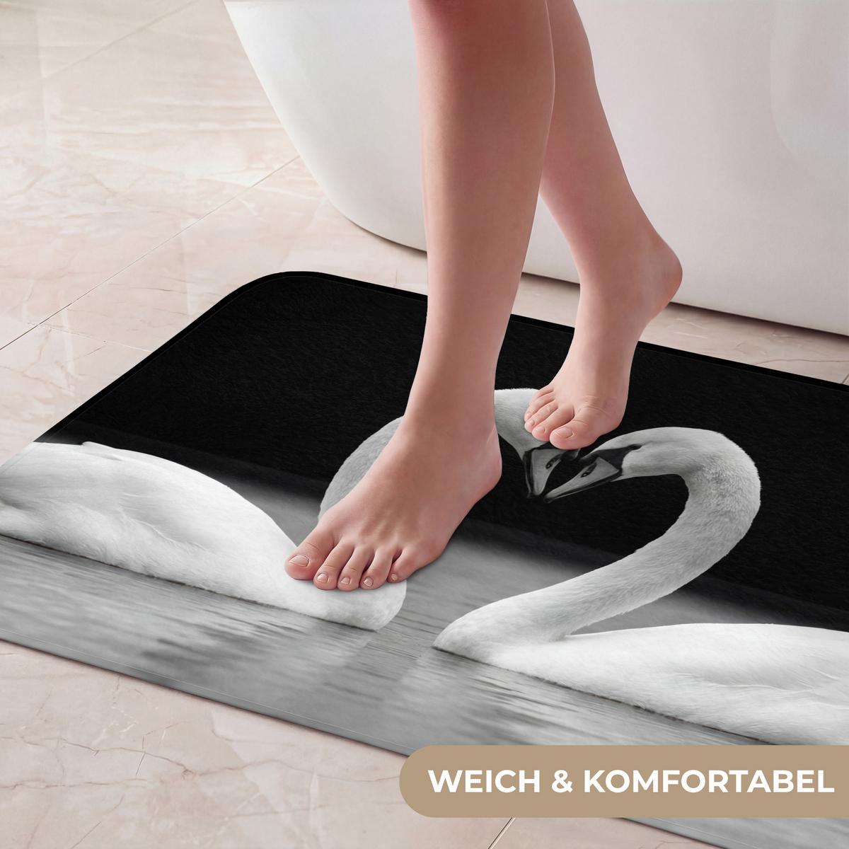 BADEMATTE Schwäne - Herz - Schwarz - Weiß 80x50 cm - Schwarz, Textil (80/50cm) - OnlyWow