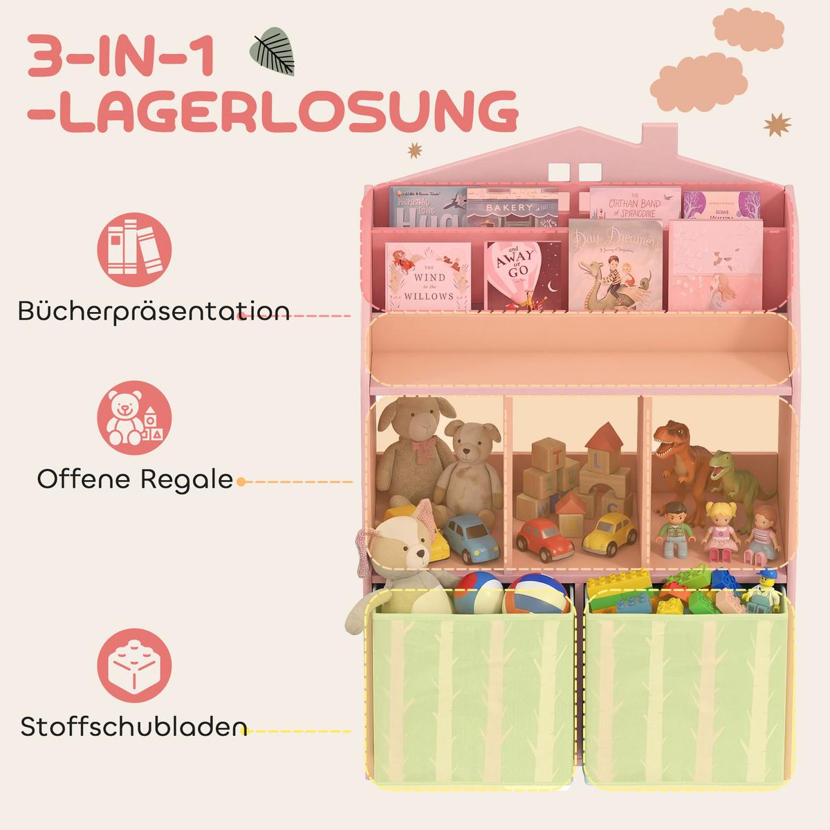 KINDER-BÜCHERREGAL MDF Vliesstoff Rosa - Rosa, Holzwerkstoff (30/91.5/62.5cm) - AIYAPLAY