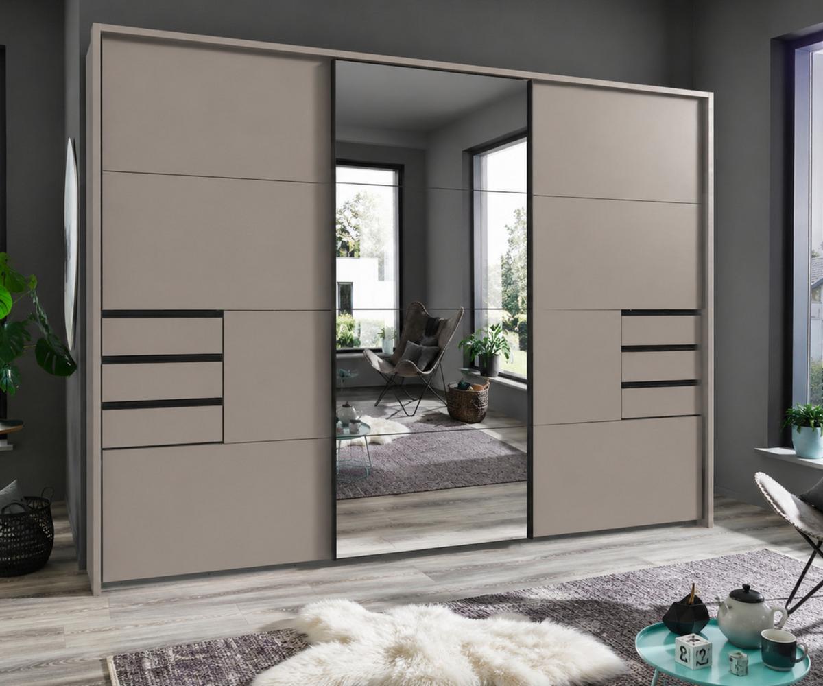 SCHWEBETÜRENSCHRANK 3-türig B273/H213/T64 cm, Sandgrau/Spiegel, Passepartout-Kleiderschrank mit Schubladen & Vollausstattung / 22621 - Sandfarben/Ecru, Holzwerkstoff/Metall (273/213/64cm) - luma-home