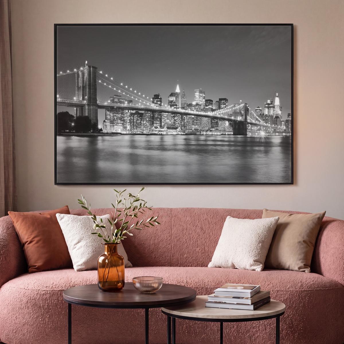 LEINWAND Bilder mit Rahmen - New York - Brücke - Brooklyn - Schwarz und weiß - Architektur - 150x100 - Schwarz, Textil (150/100cm) - MuchoWow