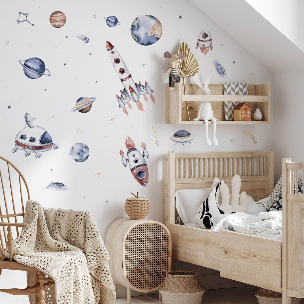 AUFKLEBER SET Weltraumraketen Sternen Planeten 120x60 - Gelb/Beige, Papier (120/60/1cm) - Muralo
