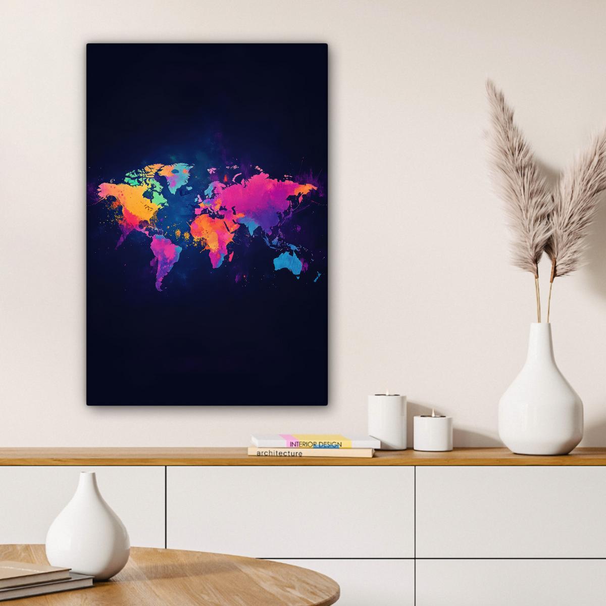 LEINWANDBILD Weltkarte - Bunt - Graffiti Wanddeko 40x60 cm - Multicolor, Textil (40/60cm) - MuchoWow
