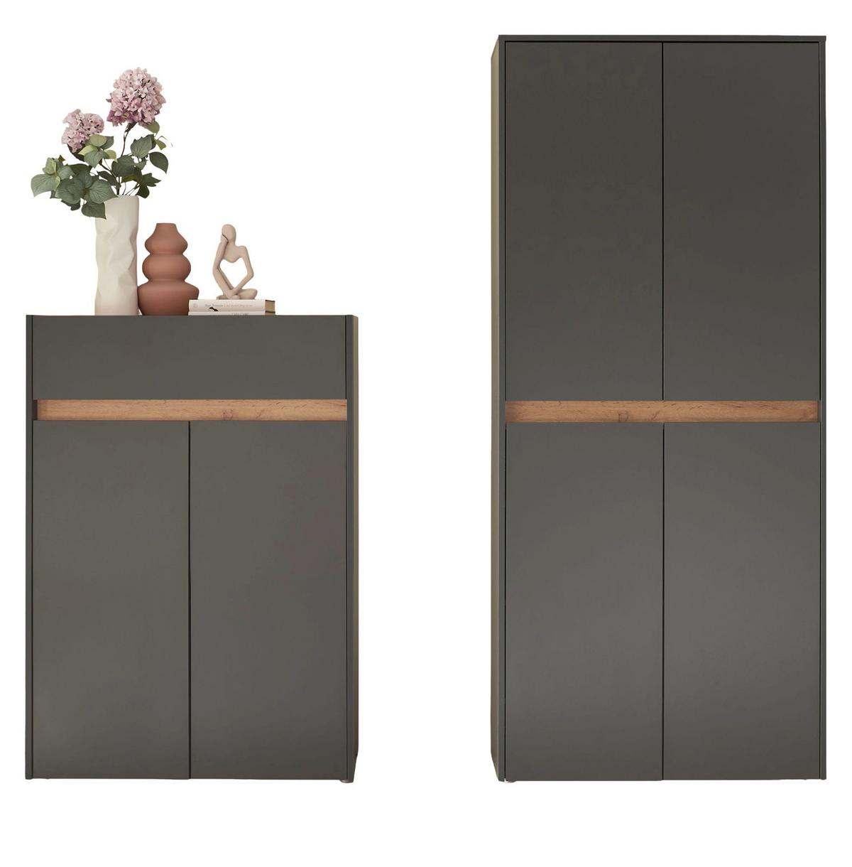GARDEROBEN-SET grau matt, Eiche Wotan 2-teilig 180 cm, Kombination mit viel Stauraum - Eiche Wotan/Schwarz, Holzwerkstoff/Kunststoff (180/195/40cm) - Furn.Design