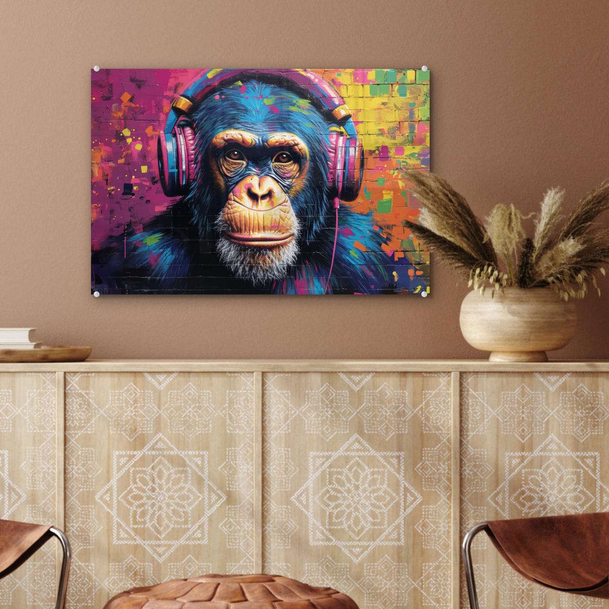 ACRYLGLASBILD Graffiti - Schimpanse - Straßenkunst - Kopfhörer - Affe Wanddeko 60x40 cm - Blau, Glas (60/40cm) - MuchoWow
