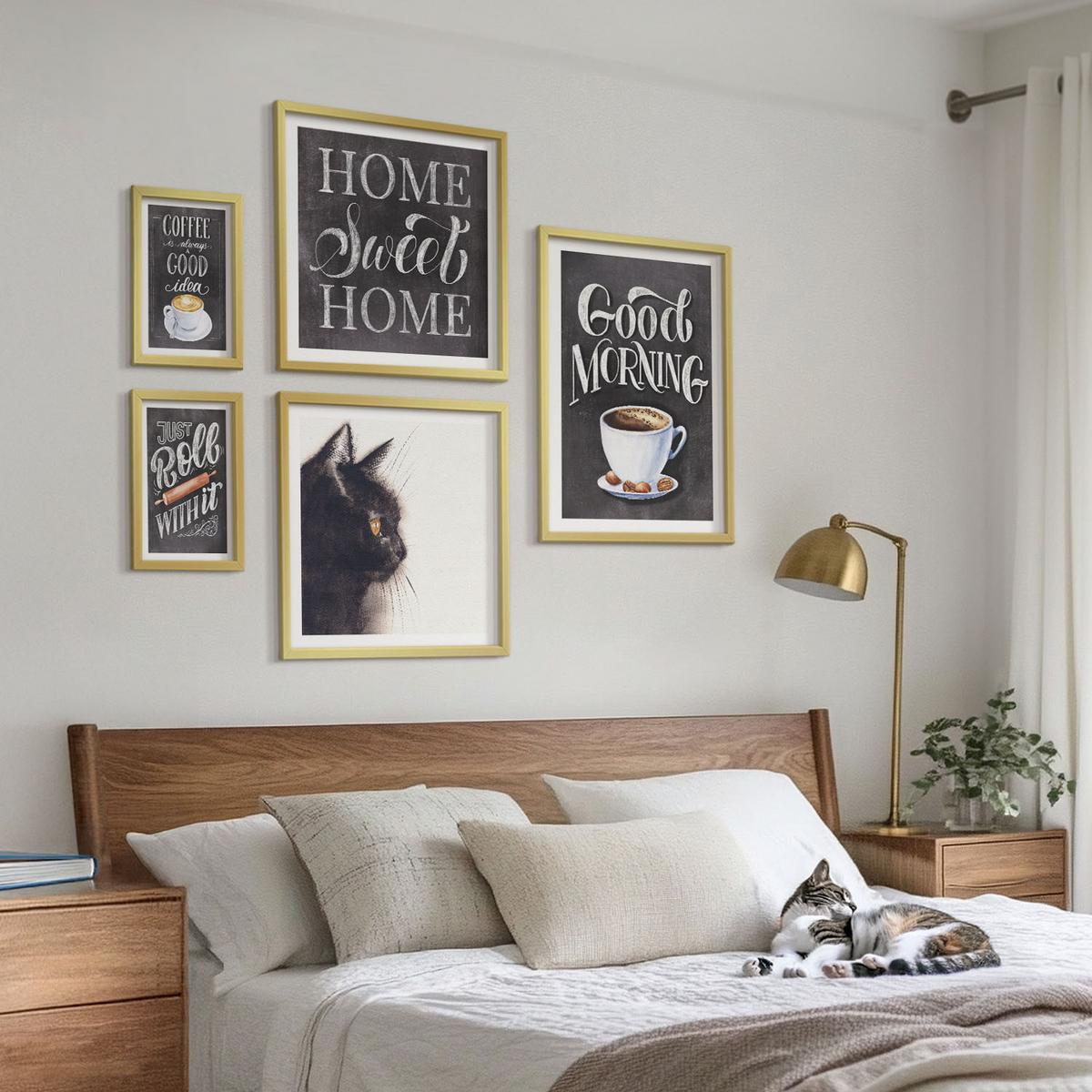 BILDER SET 5er Set - 50x50 cm & 20x30 cm & 40x60 cm Goldrahmen - Hausküchenthemen Katze - Goldfarben, Kunststoff (40/60cm) - TULUP