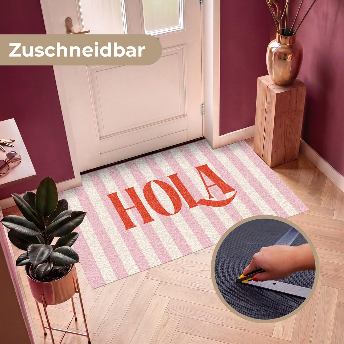 FUSSMATTE Hola - Zitat - Streifen - Pastell - Rosa - Rot - Weiß Schmutzfangmatte 150x90 cm - Rosa, Kunststoff (150/0.4cm) - MuchoWow