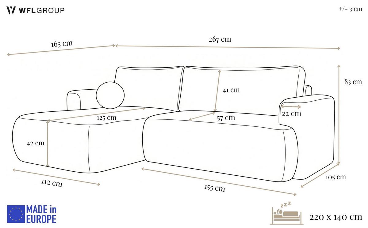 ECKSOFA Marion mit Schlaffunktion & Bettkasten in Chenille Creme, Rechts 267/154/83 cm - Creme/Schwarz, Kunststoff/Textil (267/154cm) - WFL GROUP