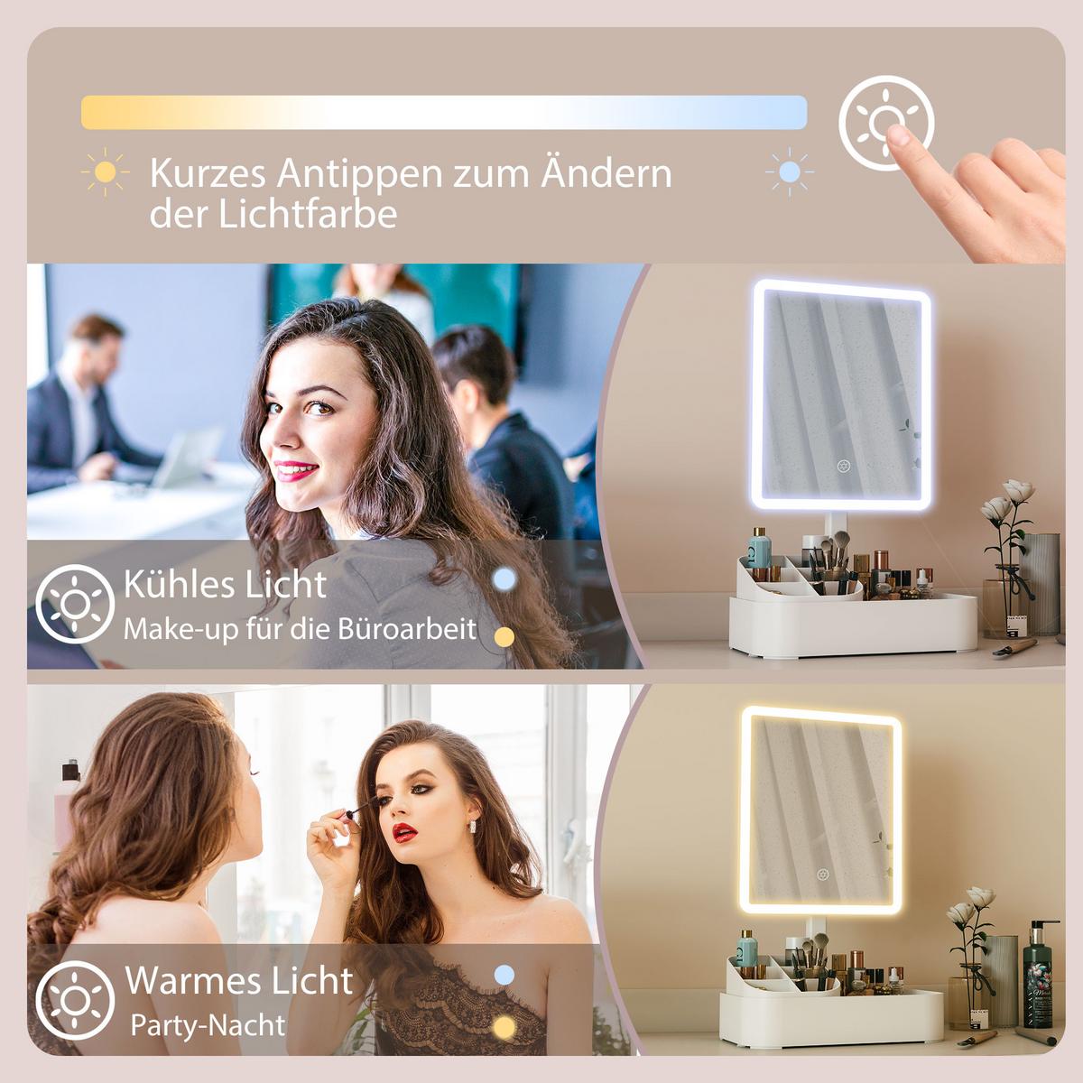 LED-SCHMINKSPIEGEL Kunststoff Glas Weiß - Weiß, Kunststoff (13.8/38/22cm) - HOMCOM