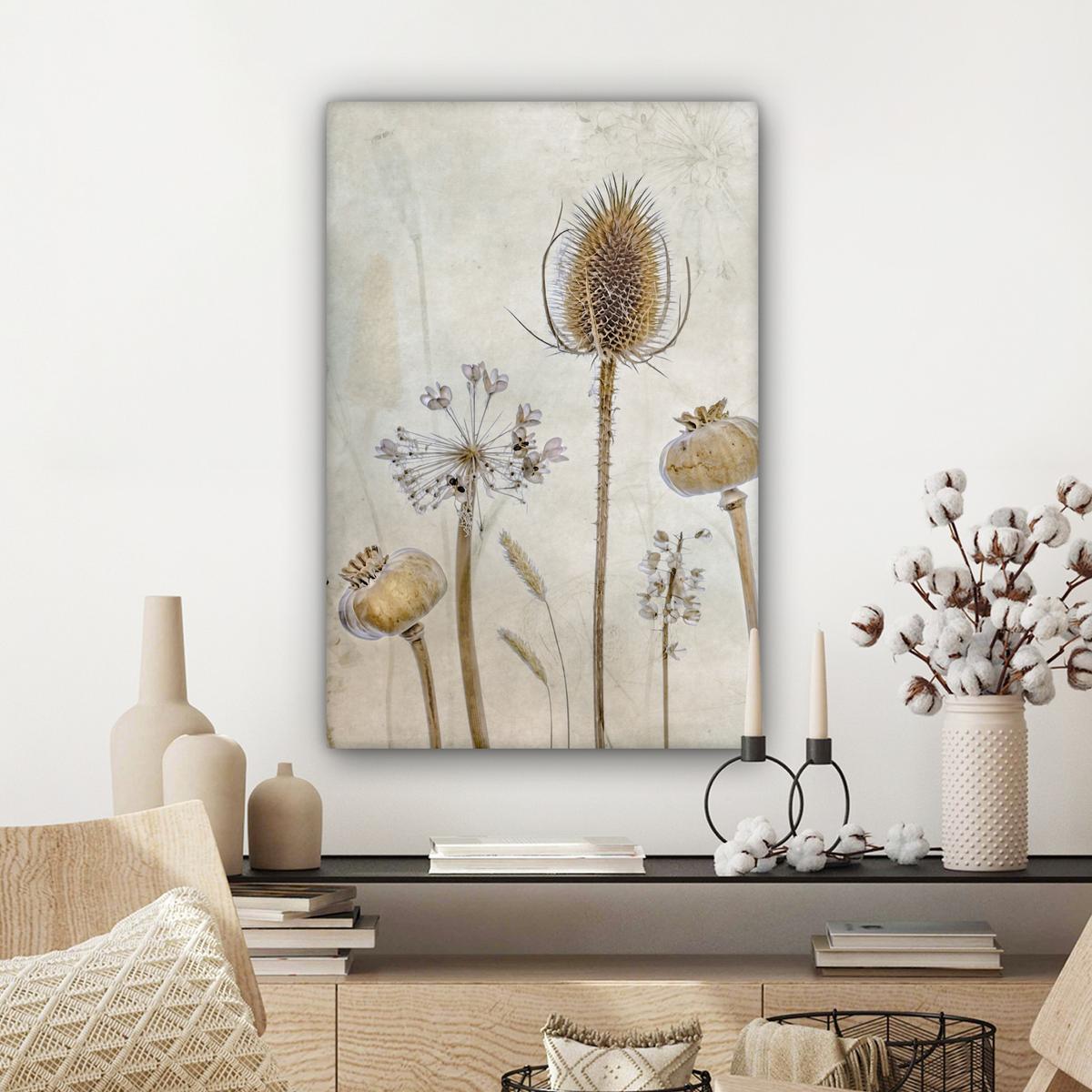 LEINWANDBILD Blumen - Aquarell - Stilleben - Braun - Vintage Wanddeko Schlafzimmer 60x90 cm - Beige, Textil (60/90cm) - MuchoWow