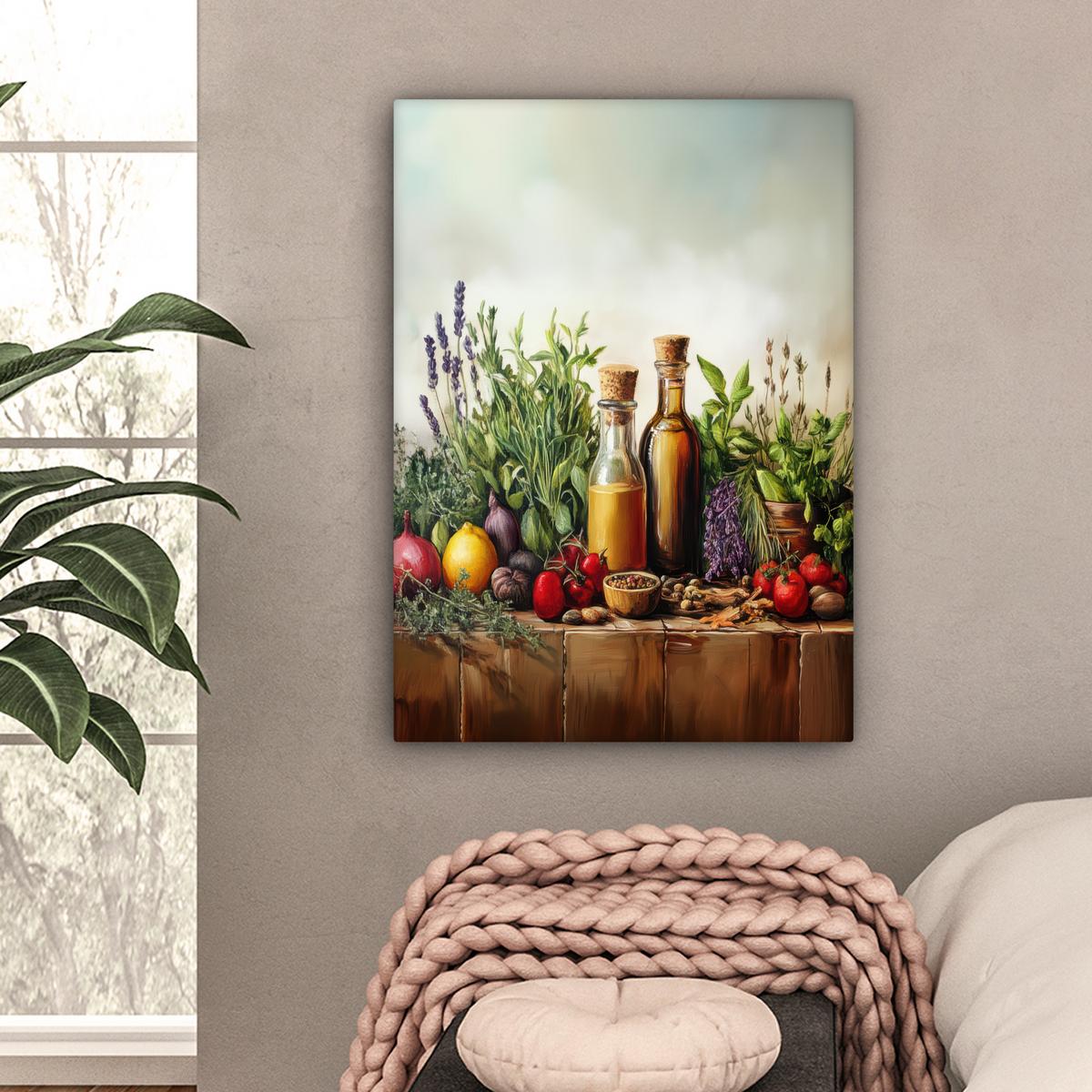 LEINWANDBILD Stilleben - Kräuter - Gewürze - Früchte - Farbenfroh Wandbild Wohnzimmer 60x80 cm - Grün, Textil (60/80cm) - MuchoWow